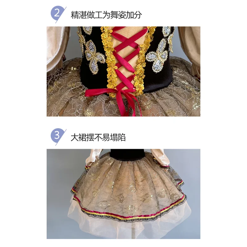 Ragazze Nero Professionale Paillettes Pizzo Lungo Tutu di balletto Gonna Tulle Abito da ballo Bambini Romantico Vestito da balletto Abiti da ballo