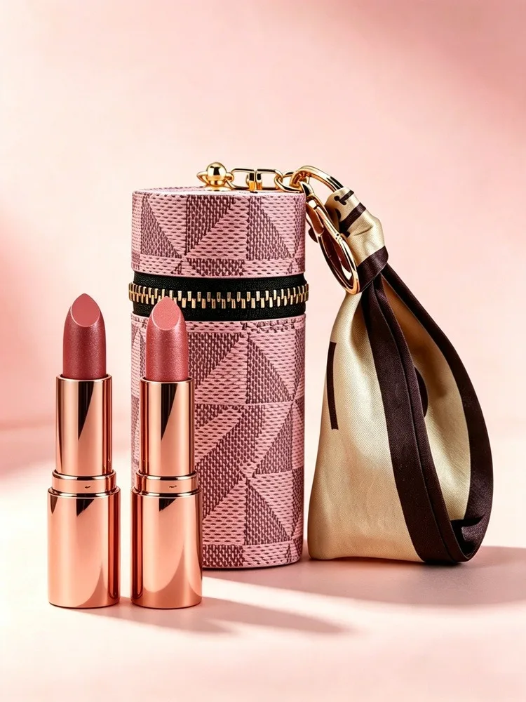 Leather Lipstick Organizer Portable Mini Lip Gloss Pouch with Keychain Stylish Storage Bag for Lipsticks Coins Mini Perfume Anti-Scratch PVC Sponge