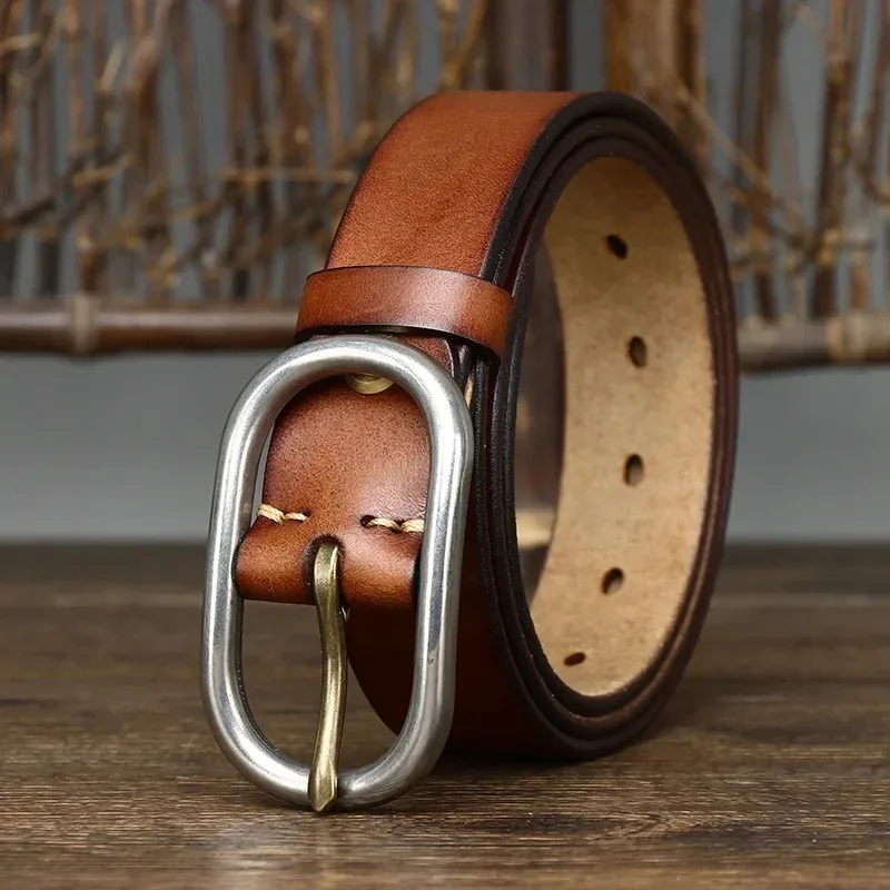 

3.3CM Male Retro Natural Thick Cowskin Genuine Leather Casual Stainless Steel Buckle Head Men's Belt Designer Jeans Belt