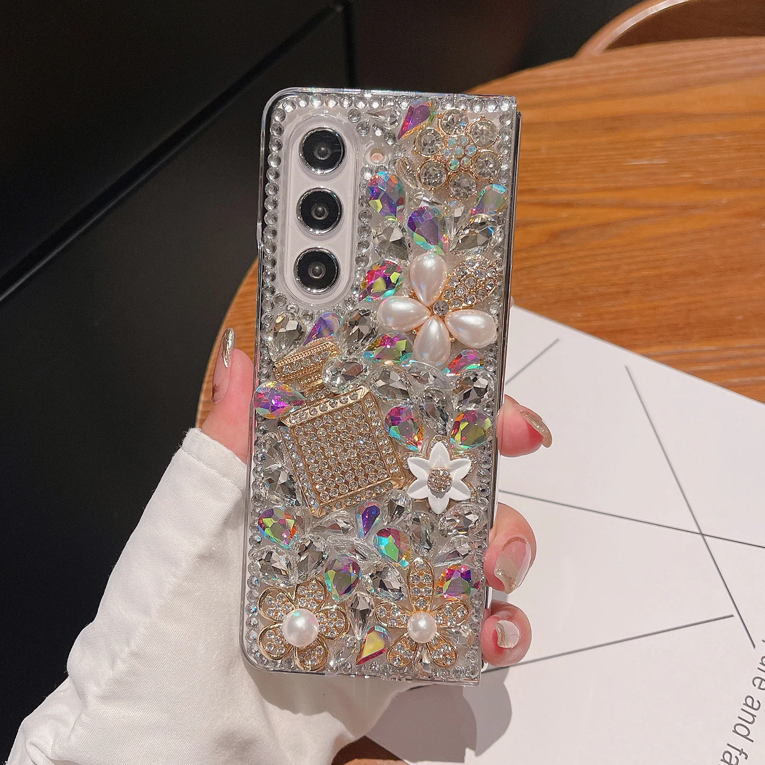 Luxury Diamond Perfume Bottle Phone Cover For Samsung Galaxy Z Fold 6 5 4 3 2 Bling Rhinestone Pearl Flower Transparent PC Case