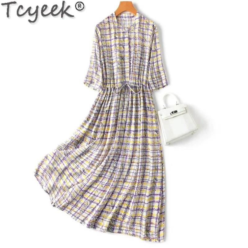 Tcyeek 100% Mulberry Silk Dress Women Summer Clothes Beach Dress Elegant and Pretty Women's Dresses Lace-up Vestidos De Mujer