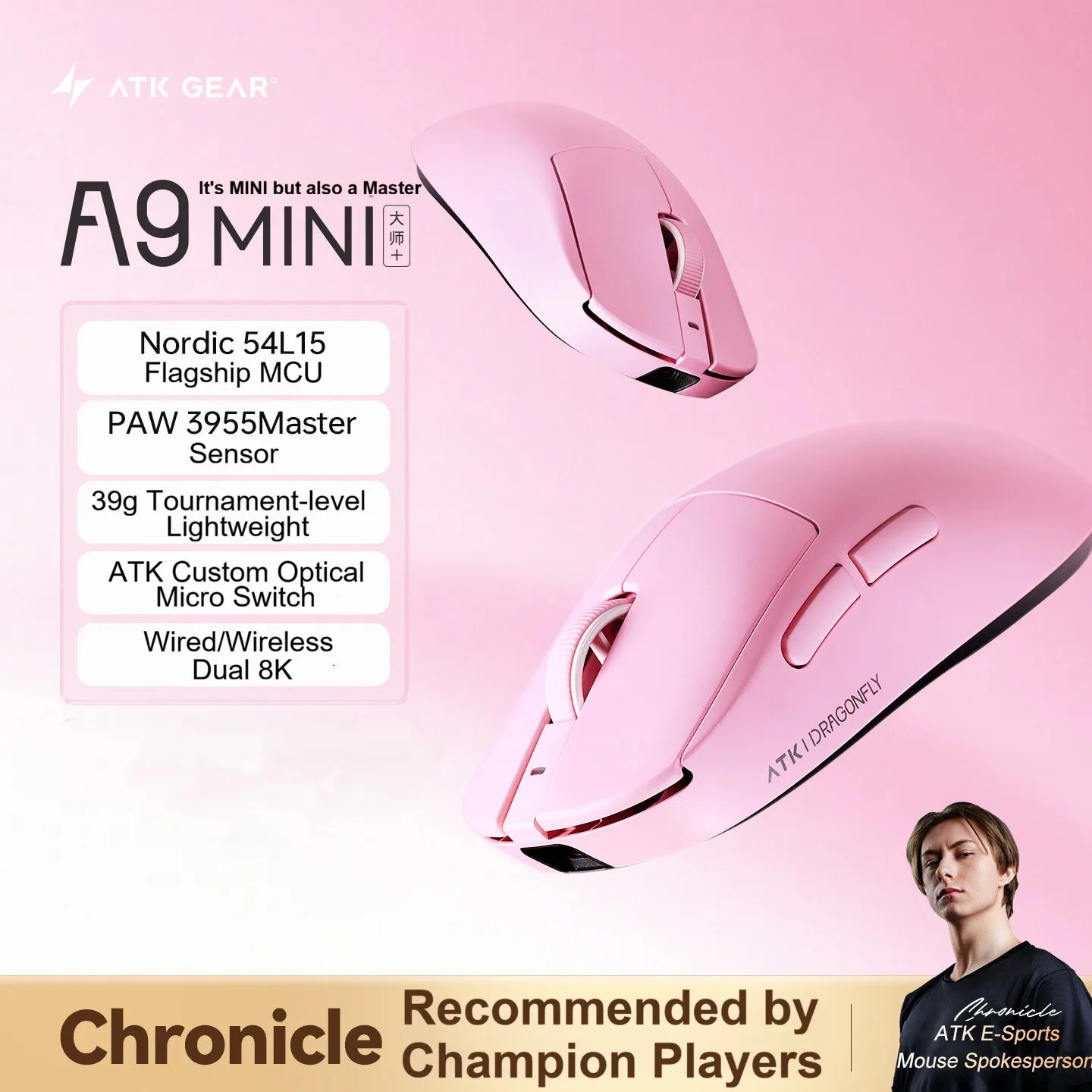 ATK A9 Mini Wireless Tri-Mode Gaming Mouse PAW3955 Master Dual 8K Polling Rate Lightweight E-sports Mouse for PC FPS Gamer Gift