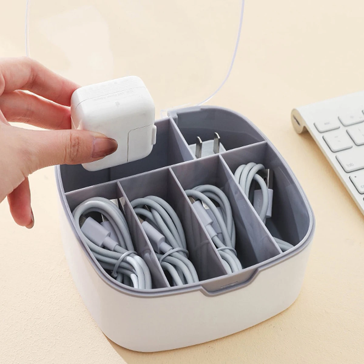 1pc-Data cable storage box, dust-proof split charging cable storage and management box, plastic desktop phone charging cable sor