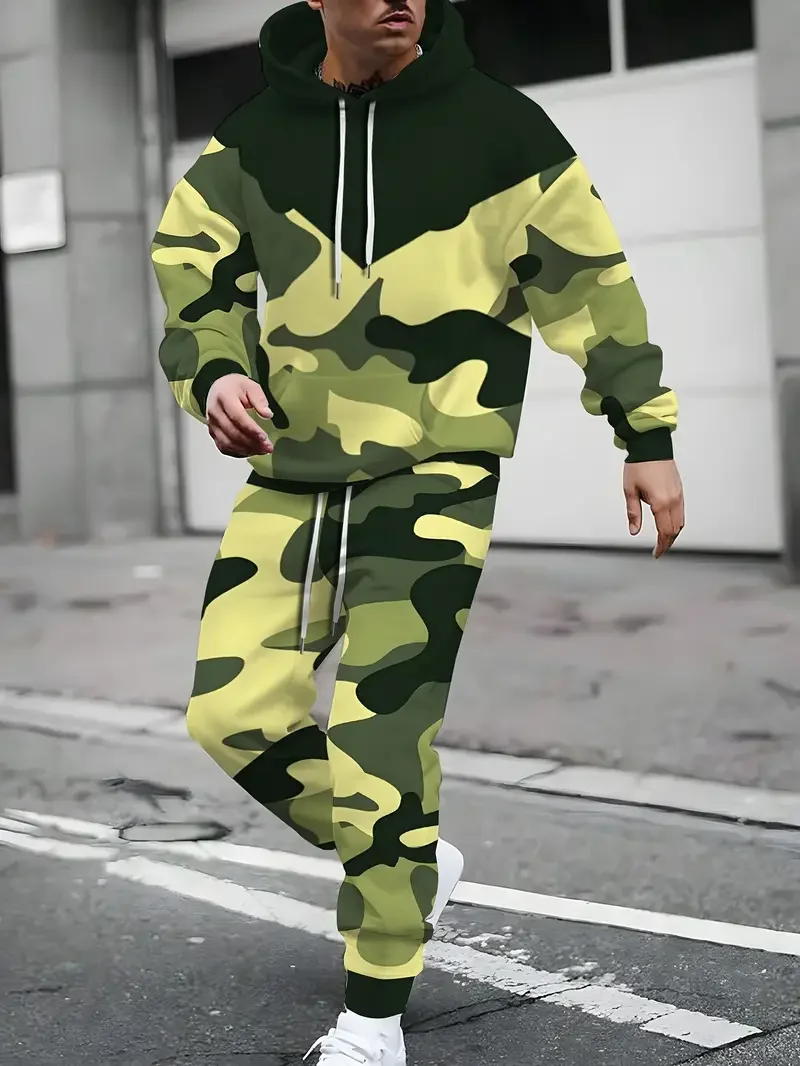 Men\'s Camouflage Hunting Hoodie Pants Outfits 3D Print Hooded Sweatshirt Sweatpants Set For Fall/Winter Oversized Men\'s Clothing