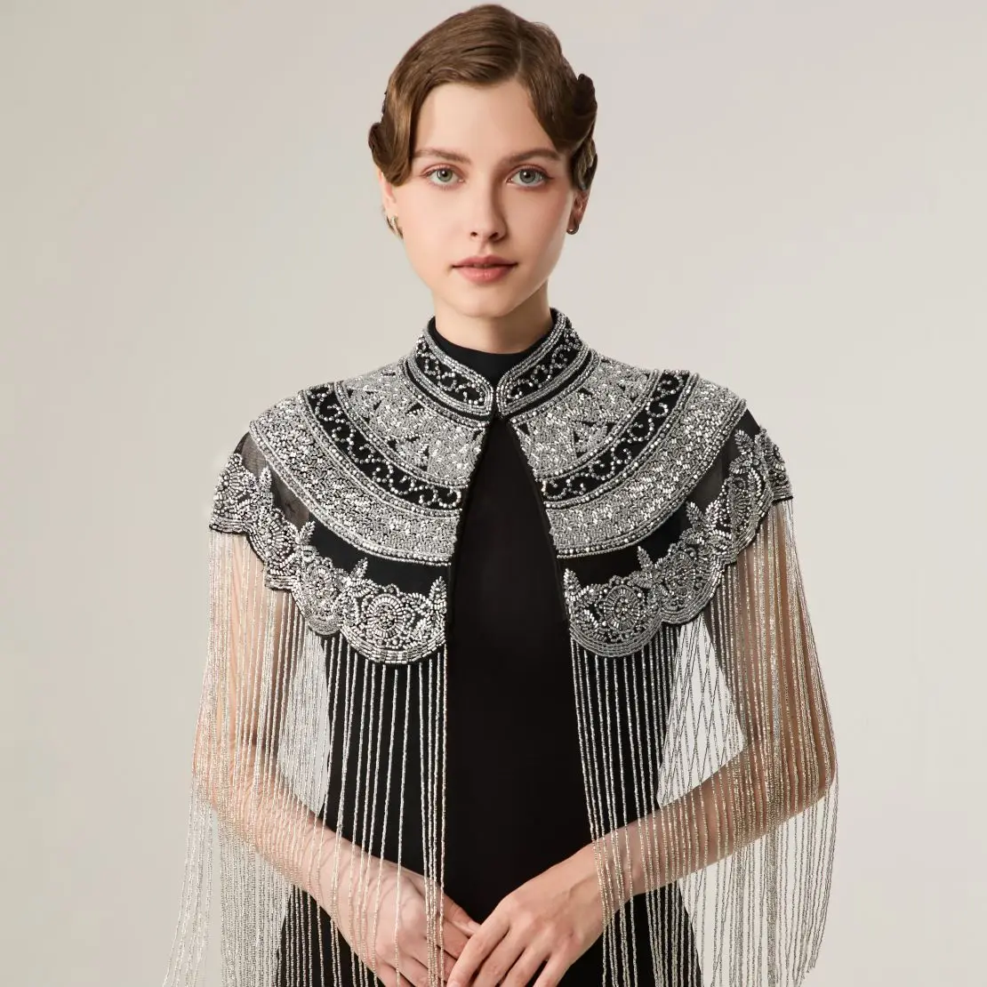 Vintage Flapper Long Fringe Sequins Beaded Tulle Cape Art Deco Shoulder Wrap for Women Wedding Prom Party