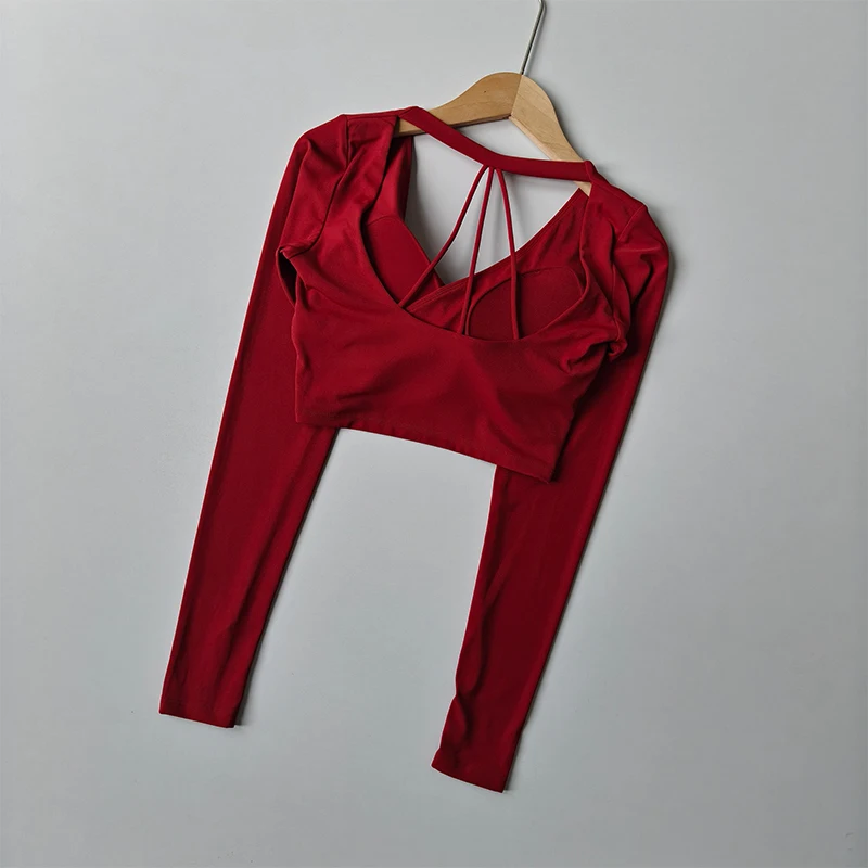 الصالة الرياضية مصممة الخامس الرقبة طويلة الأكمام كروس تي شيرت رياضي للنساء قصيرة المحاصيل الأعلى سليم عارية الذراعين بيلاتيس ملابس لليوجا للنساء