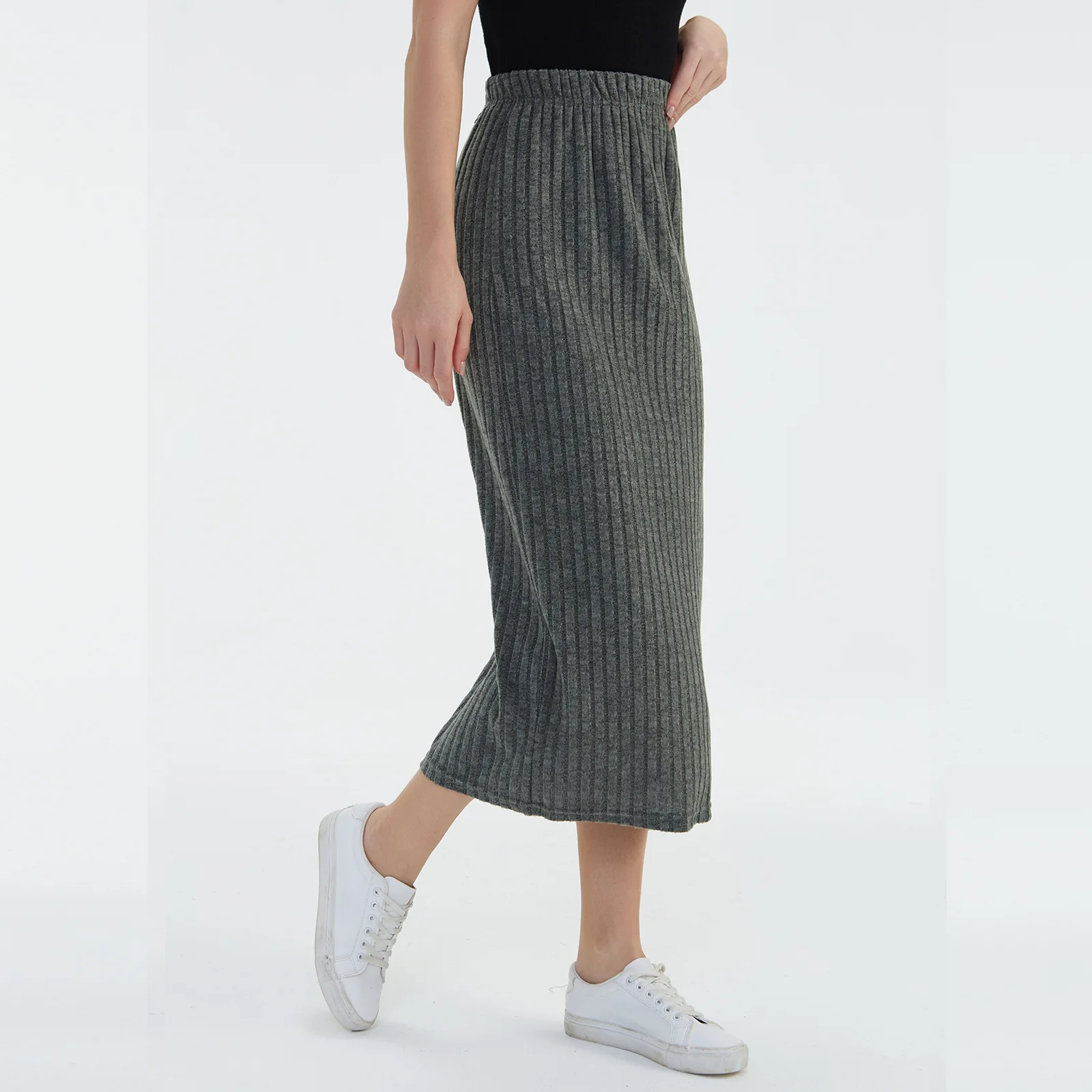 Falda larga ceñida roscada Sexy para mujer Otoño Invierno elegante ajustada faldas de cintura alta falda de punto de Color sólido para mujer