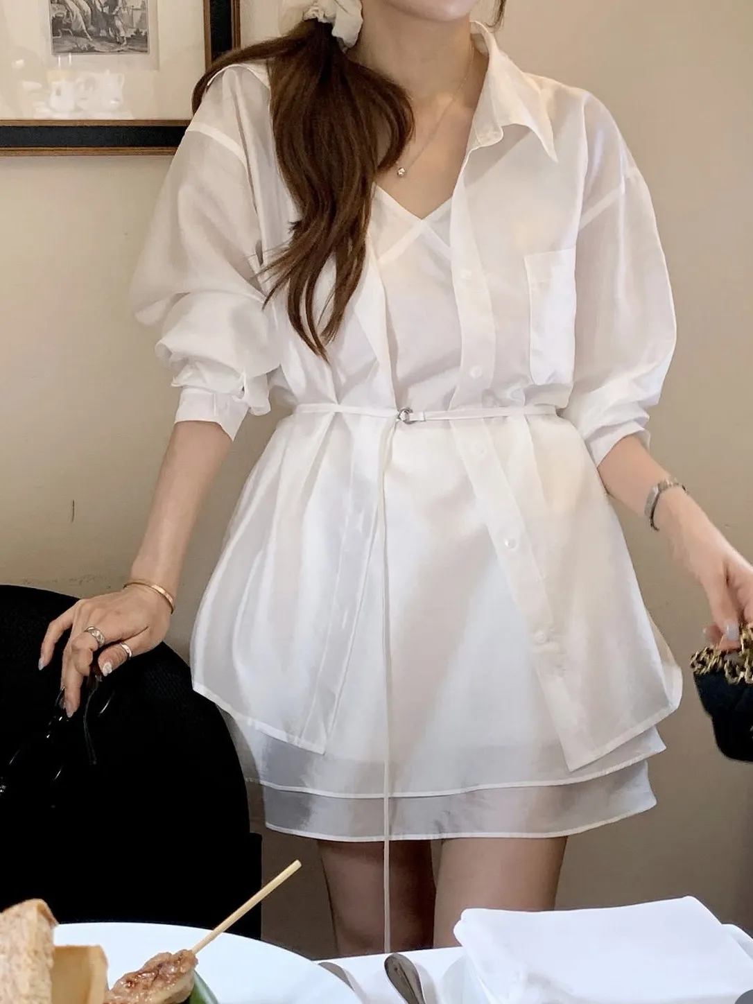 

Women's Loose Slimming Thin Long Sve Tank Top Belted Waist Sweet Sle irt Two-Piece Set Polyester Fabric Summer Faion