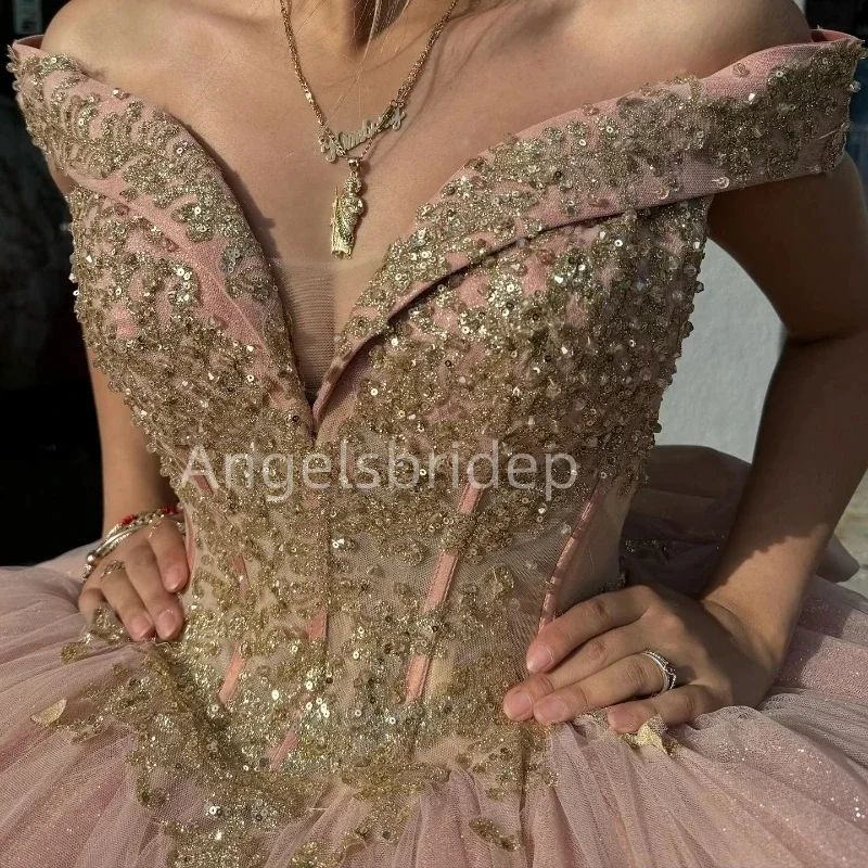 Angelsbridep-vestido quinceanera rosa brilhante fora do ombro com aplique dourado, cordão de renda, vestido de baile, doce 16 vestidos, 2020