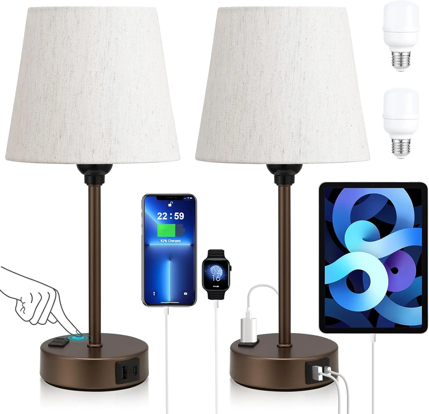 

Набор из 2-х коричневых прикроватных светильников с USB-C портом, розеткой переменного тока и сенсорным управлением с регулировкой яркости для тумбочек