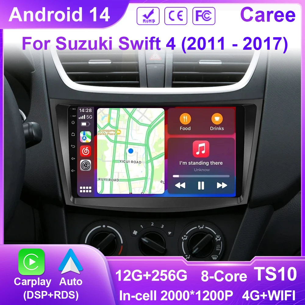 Android 14 Car Radio For Suzuki Swift 4 2011 - 2017 Wireless Carplay Auto Radio Multimedia Player 4G Wifi GPS DSP Navigation GPS
