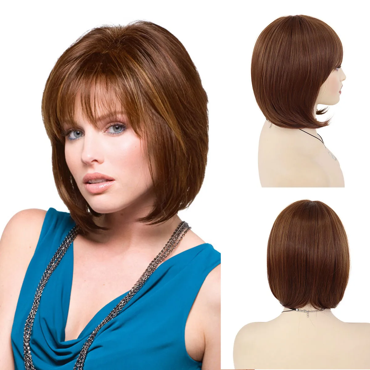 

Synthetic Bobs Wigs for Women Daily Ladies Wig Short Bob Cut Mix Brown Hair Wig with Bangs Kind Hairstyle Mommy Wigs Natural