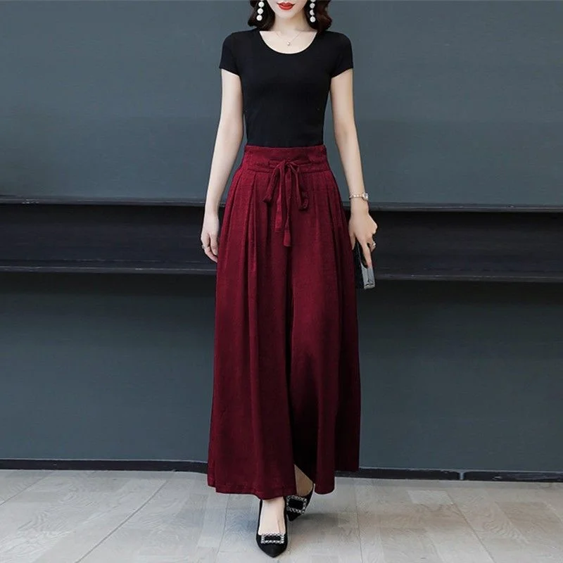 2025 Summer Casual Korean Version Skirt Pants New Wide-leg Women's Elastic Waist Mother Nine-point Thin Pants