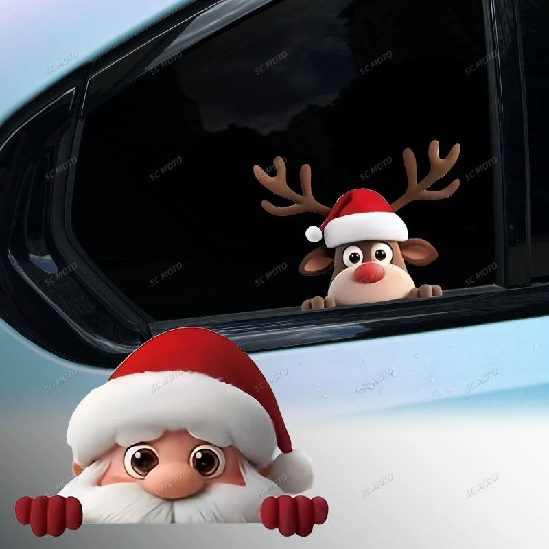 1PC sombrero de Navidad Reno y Papá Noel pegatina de coche vinilo impermeable para ventanas de coche parabrisas traseros parachoques Scooters