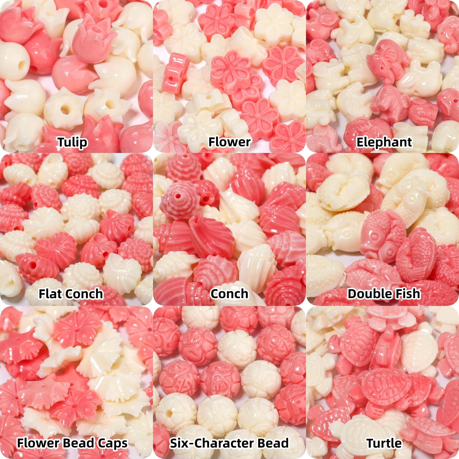 Pink Beige Double Color Multiple Styles Shell Powder Beads Conch Fish Flower Elephant Turtle Tulip Bead for DIY Pendant Necklace