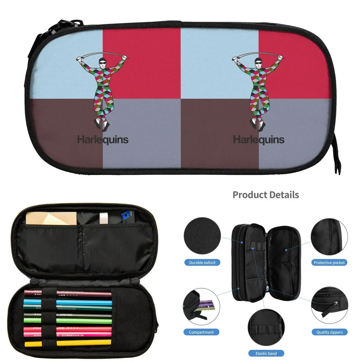Estuches de lápices de Rugby Harlequins para estudiantes, caja de bolígrafos escolares, bolsa de lápices de gran capacidad, almacenamiento de suministros de papelería