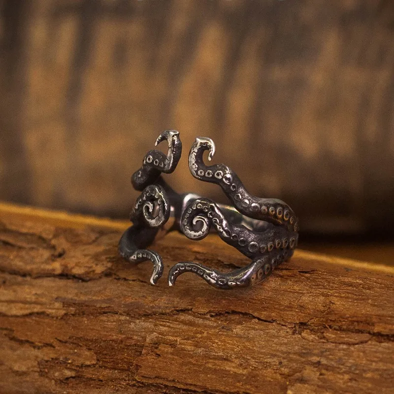 Retro Octopus Tentacle Ring Punk Gothic Open Ring For Men Silver Color Handmade Unisex Designer Jewelry Cthulhu Accessories Gift