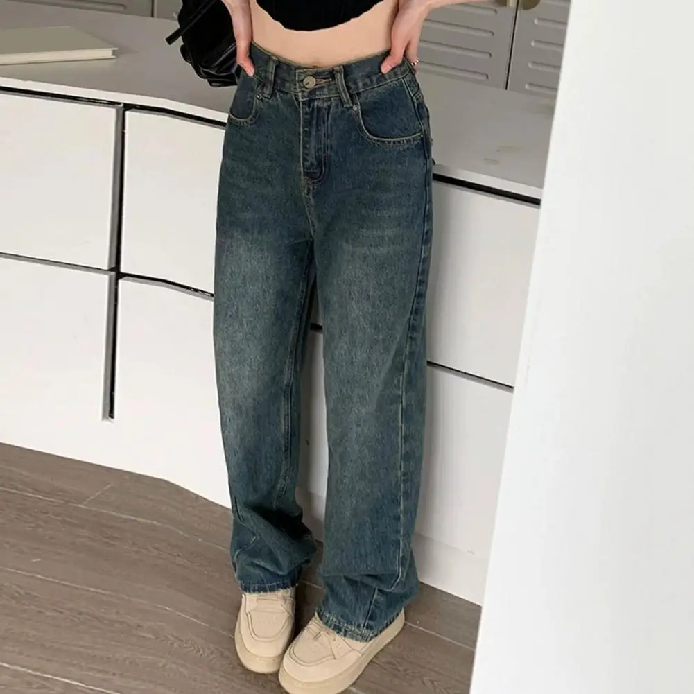 Casual Denim Bottoms Stylish Women's High Waist Wide Leg Denim Pants with Ripped Pockets Button Zipper Closure Trendy for A