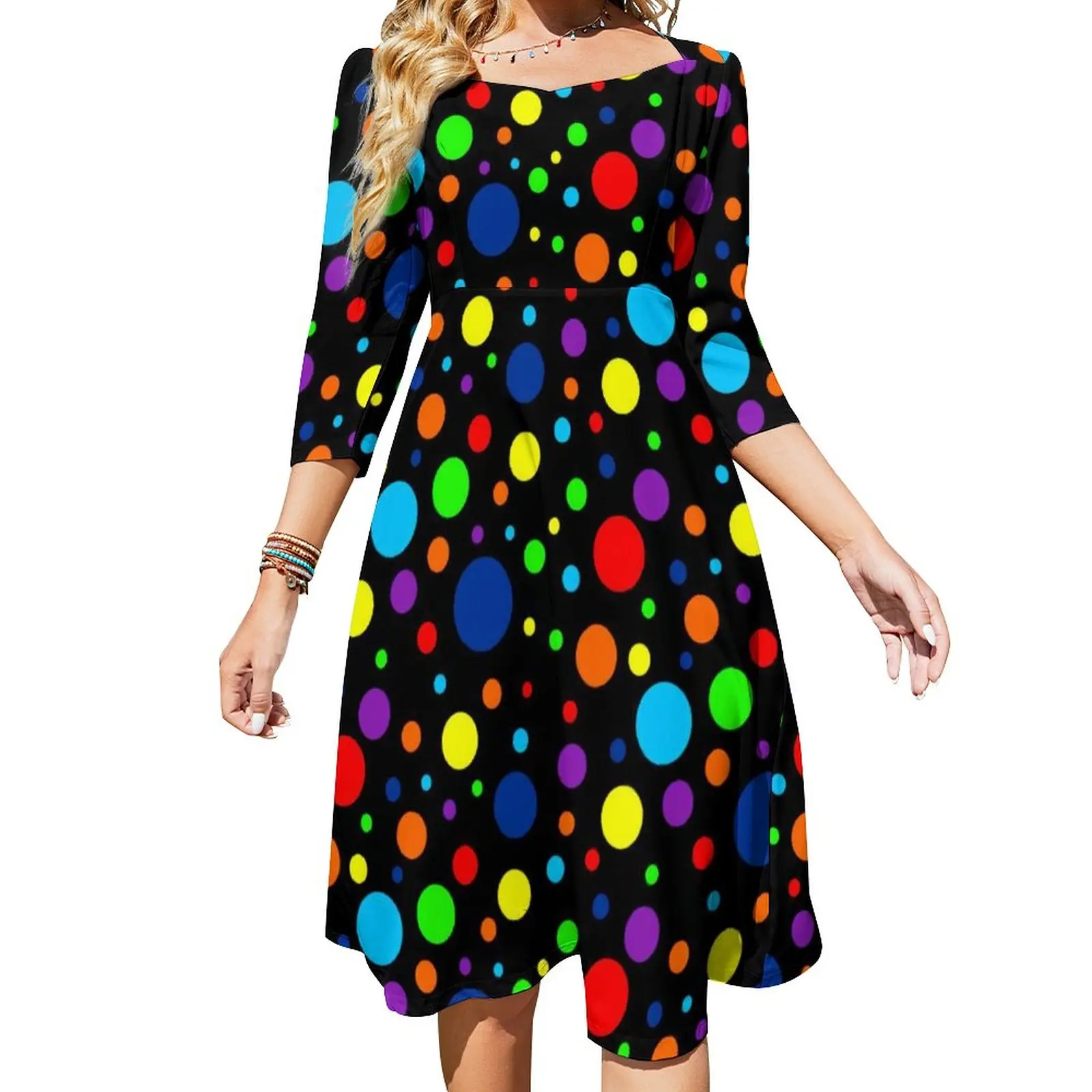 Vintage 80S Polka Dots Casual Dress Dark Rainbow Spots Stylish Dresses Sexy Elegant Dress Print Clothing Big Size 4XL 5XL