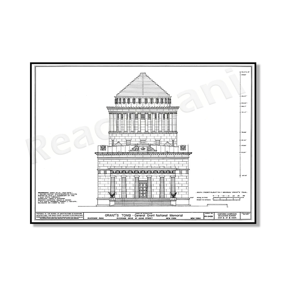 Lincoln Memorial Facade Blueprint, Grant Tomb Blueprint, Washington DC Architecture, New York Architecture, Blueprint Poster