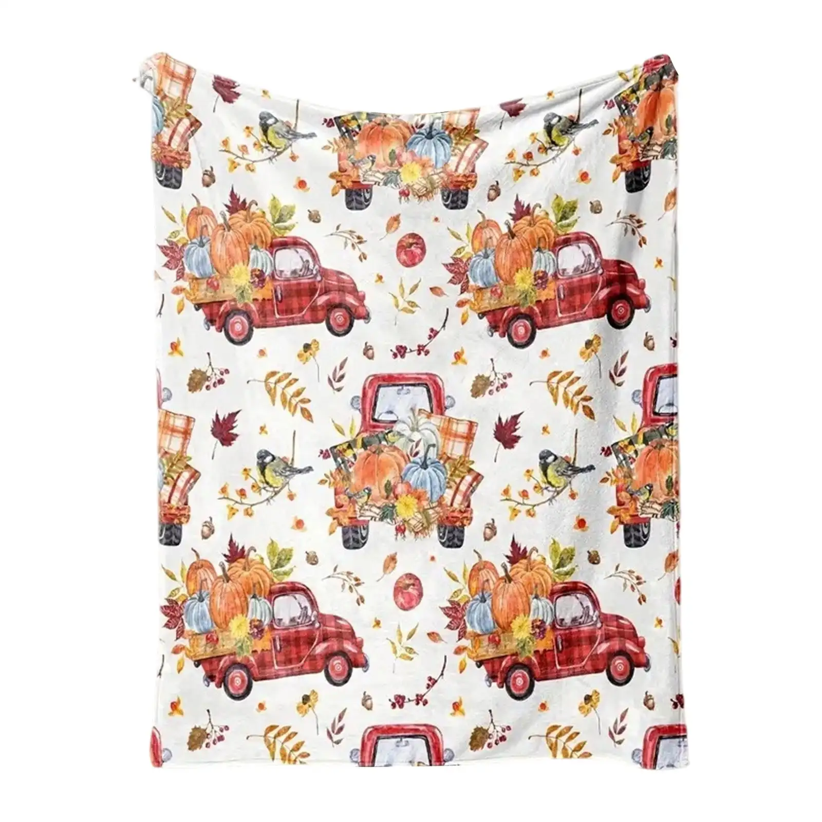Fall Red Truck Pumpkin Flannel Throw Blanket, Autumn Maple Leaf Bird Print Soft Blanket, Harvest Halloween Cozy Decorative