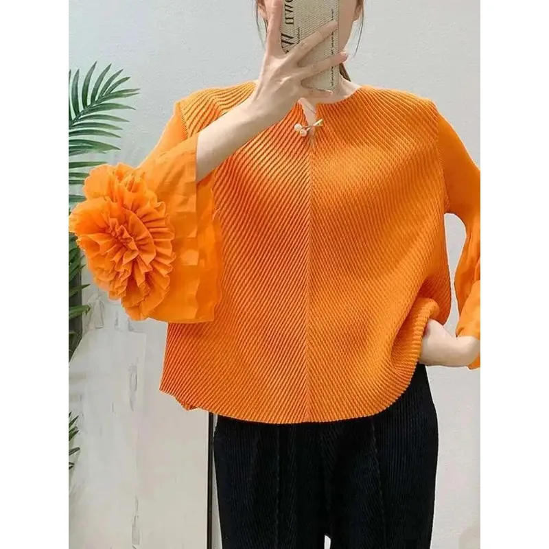 Flower Spliced Cuff Long Sleeve Pleated Top 2026 Summer New Solid Color Versatile Women's Pullover Tee Tops Chic 2DB2619