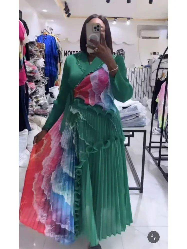 

2025 Summer Miyake Fashion Hot-selling Printed Dress New Thin French Long Skirt Women's Waist Dress