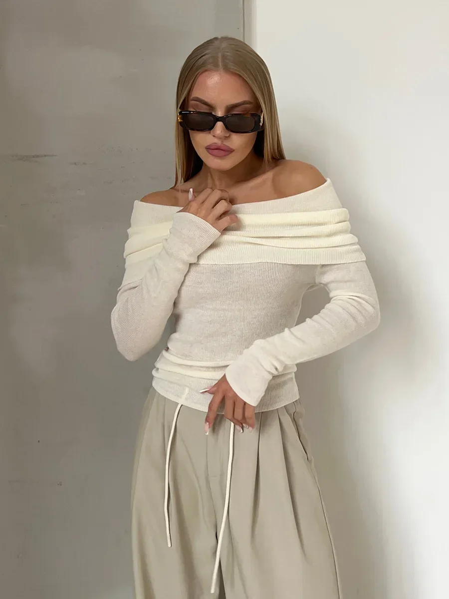 Off Shoulder Sweaters For Women 2024 Autumn Winter Wool Sweater Knitted Long Sleeve Top Blouse Slim Fit Pullover Knitwear