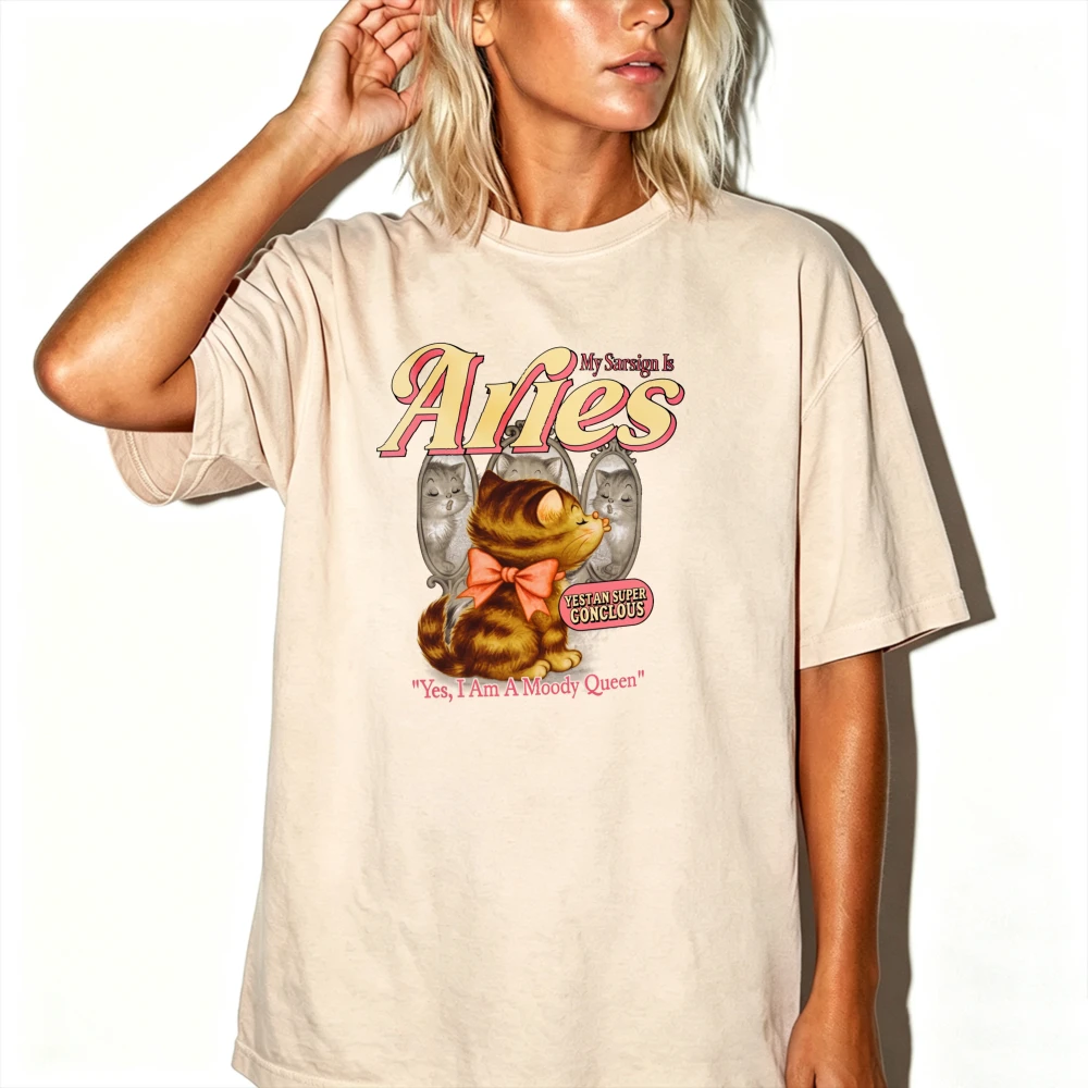 Aries Zodiac Tabby Cat with Orange Bow Vintage Distressed Graphic T Shirt Aries Star Sign Cute Kitten Print Women Birthday Tops