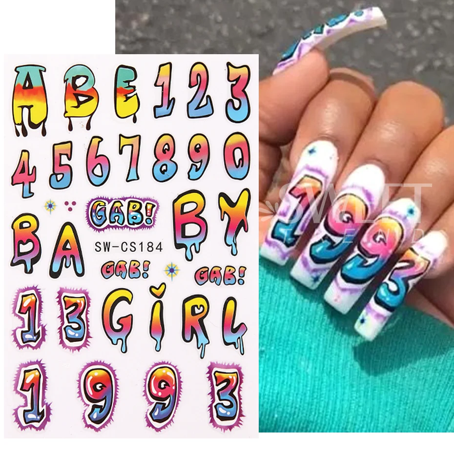 3D Number Letter Nail Stickers Colorful Gradient Graffiti English Word Alphabet Symbol DIY Y2K Adhesive Slider Nail Decoration