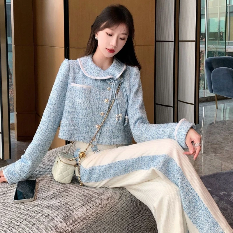 2026 Retro Contrasting Color Plate Buckle Tied Woolen Coat Long  Two-piece Sets Women Lapel Coarse Tweed Blazer Wide Pants Set
