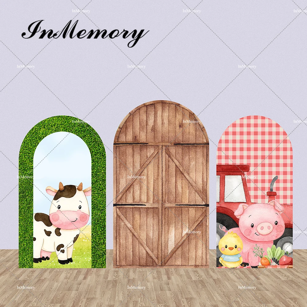 Cartoon Animal Farm Theme Arch Chiara Backdrop Cover Cow Pig Wood Door Green Grass Arched Wall Covers For Photography Background