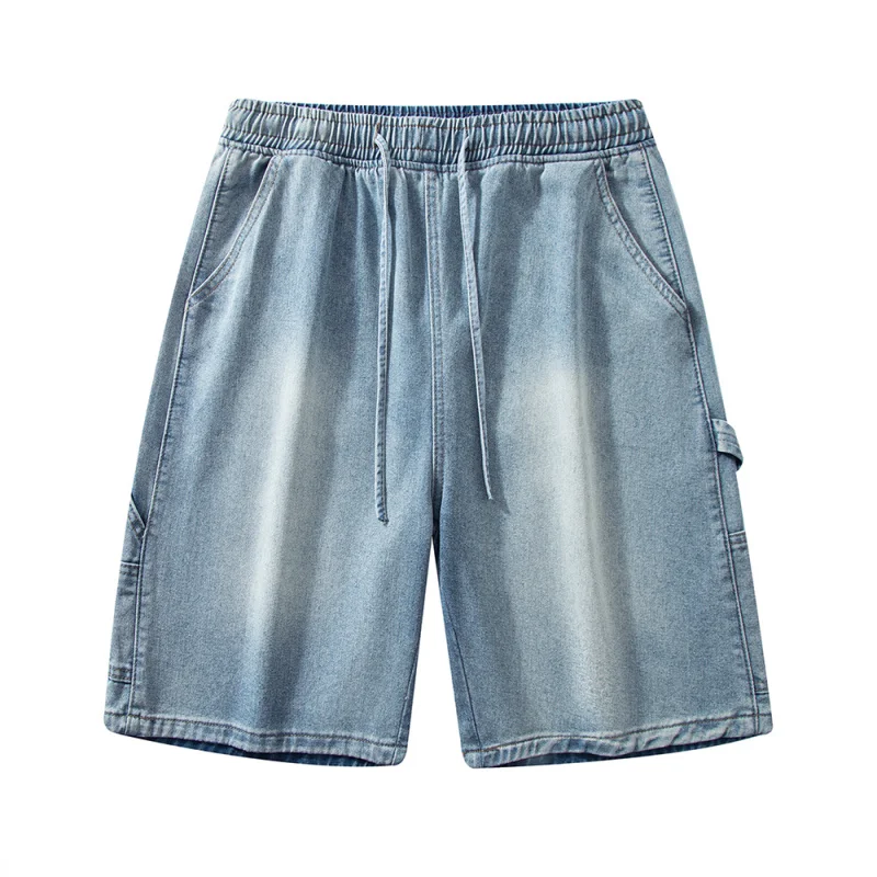 Pantalones cortos de mezclilla lavados para hombres, pantalones cortos casuales de longitud media con cintura elástica y ajuste suelto