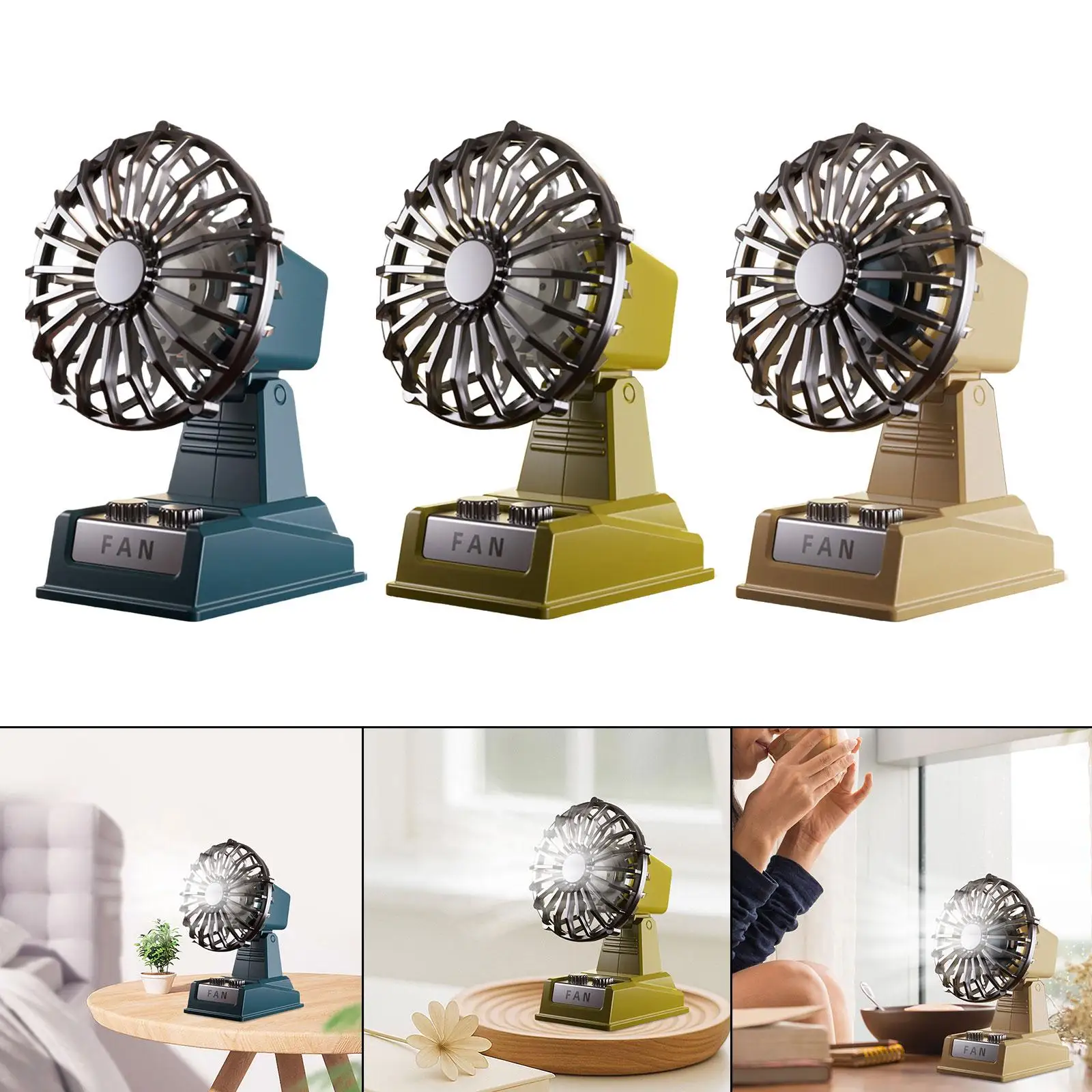 مروحة مكتب USB قابلة لإعادة الشحن، رأس هادئ قابل للتعديل، تصميم ريترو قوي، محمول شخصي للتبريد، مكتب غرفة النوم الصيفية