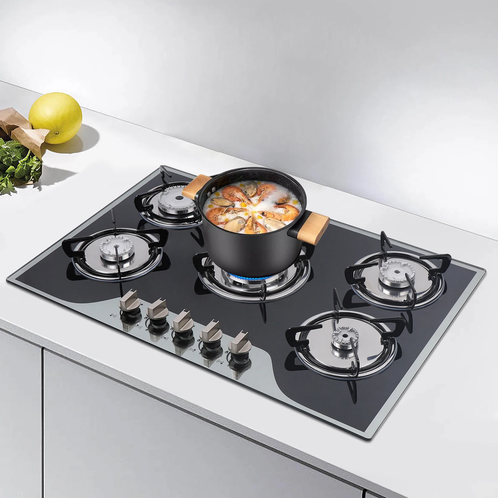 LPG/NG Gas COOKTOP with Built-in 5Burner, Stove Hob Cooktop, Tempered Glass