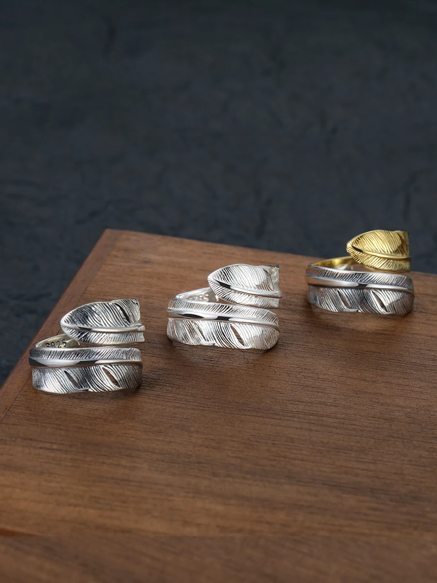 sterling silver feather ring handmade dual-color patchwork ring for men and women lovers wild open adjustable index finger ring