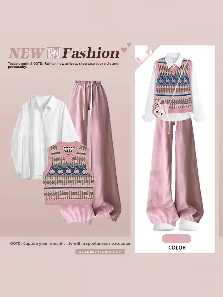 

Женский комплект из трех предметов: вязаный жилет с V-образным вырезом, повседневные брюки и футболка. Ретро-стиль, цветные блоки, эффект стройности, весенний модный ансамбль.