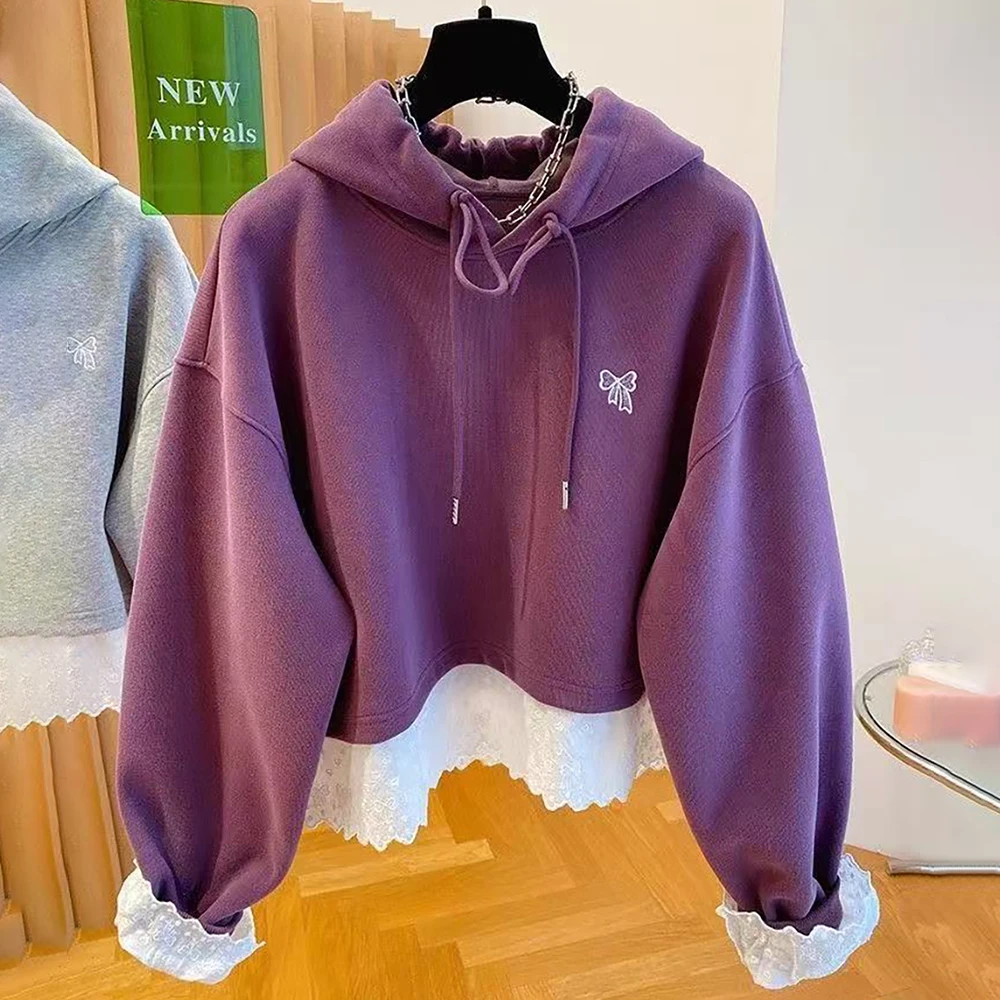 Felpe con cappuccio patchwork con orlo in pizzo per donna 2025 Nuovo pullover con cappuccio con coulisse allentata casual Top autunnali Felpe finte in due pezzi