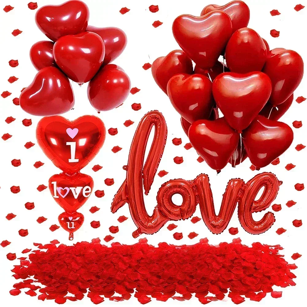 Red Balloons Set Love Heart Latex&Foil Balloon Wedding Red Rose Artificial Petals Romantic Night Valentine Day Party Decoration