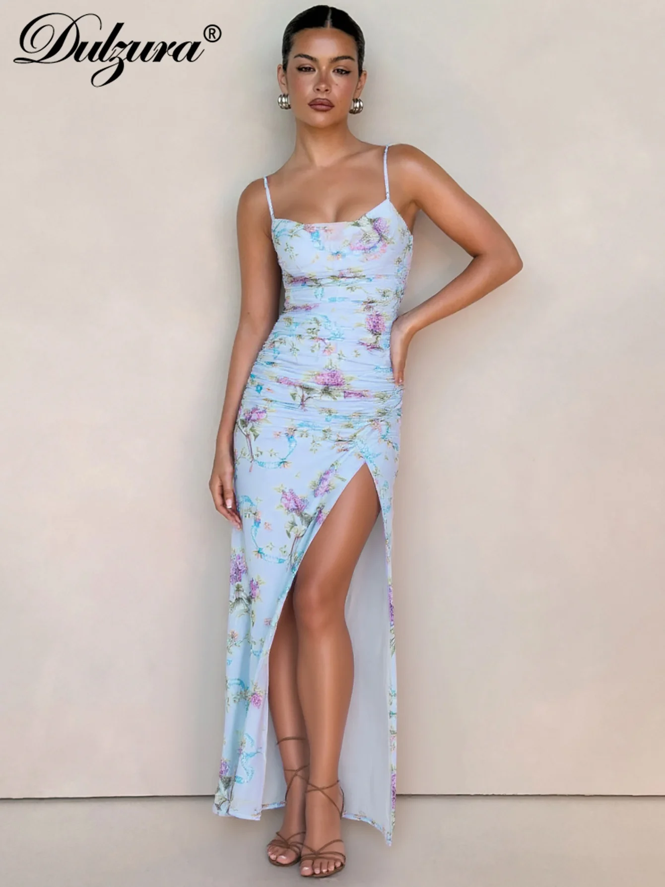 Dulzura Sleeveless Backless Bodycon Ruched Side Slit Zipper Floral Print Cami Maxi Dress Sexy Elegant Long Dress Party Clubwear