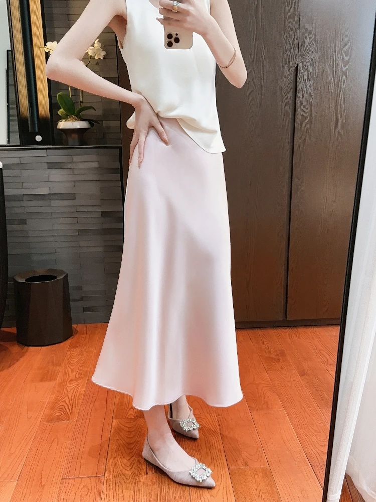 

Ele Silk f Skirt Women's High Waist A-Line Silken Smooth Dyed adient Casual Summer Faion Ele Ladies Skirt