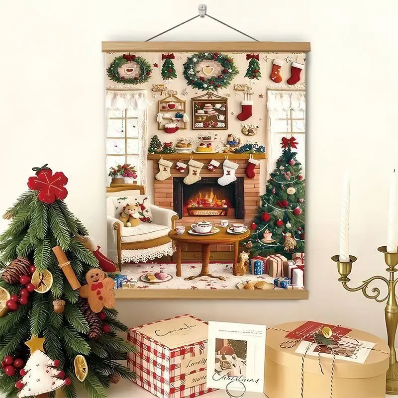 VIKAMA Wall Tapestry Snowy European Red Door Wreath Christmas Tree Gifts Candle Winter Holiday Wall Hanging Home Decor Bedroom