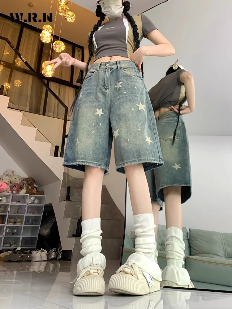 2024 Summer Y2K Harajuku High Waist Street Style Baggy Jean Shorts For Women Casual Loose Fit Stars Print Blue Denim Shorts