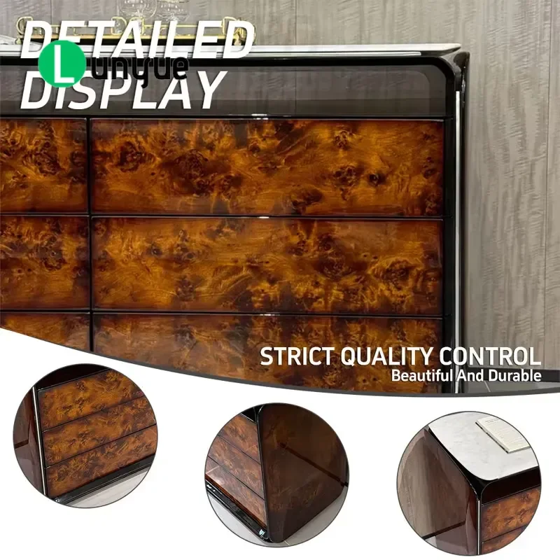 Modern Luxury Dining Table with Natural Wood Veneer and Marble Top Wooden Cabinet with Drawers for Elegant Dining Room