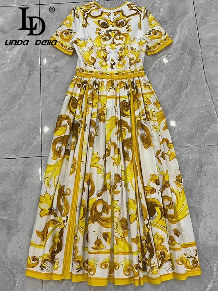 LD LINDA DELLA 2024 Summer Luxury Dress Women\'s High Quality Cotton Bohemian Print Ruched Big Swing Medium Length Dresses