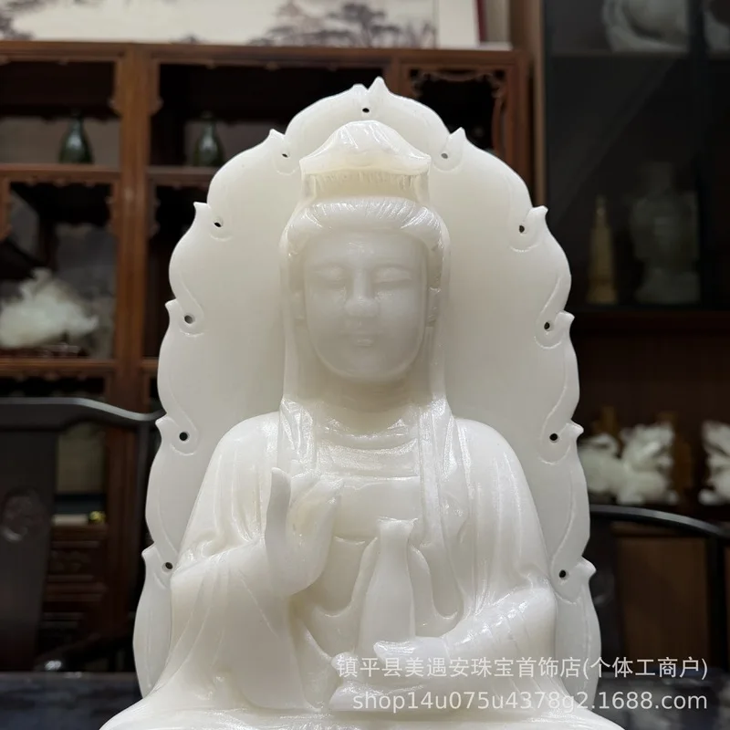 Natural white marble Guanyin home decoration piece, jade carving of Guanyin holding a water vase, Buddha statue for living room