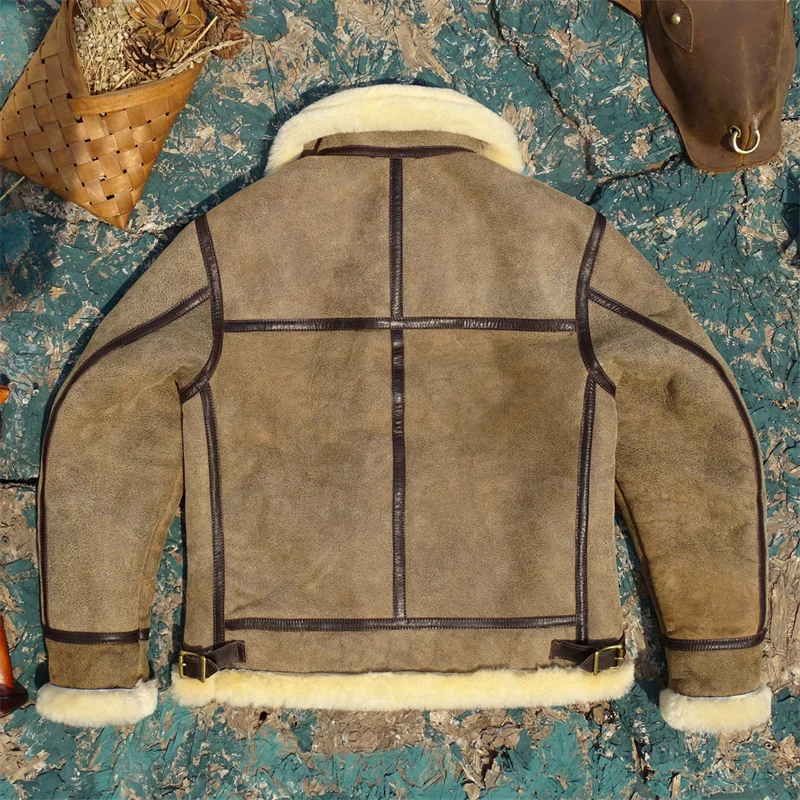 Light Brown Winter Shearling Jacket Men Vintage Style Plus Size 5XL Genuine Natural Sheepskin Thick Warm B3 Bomber Coat