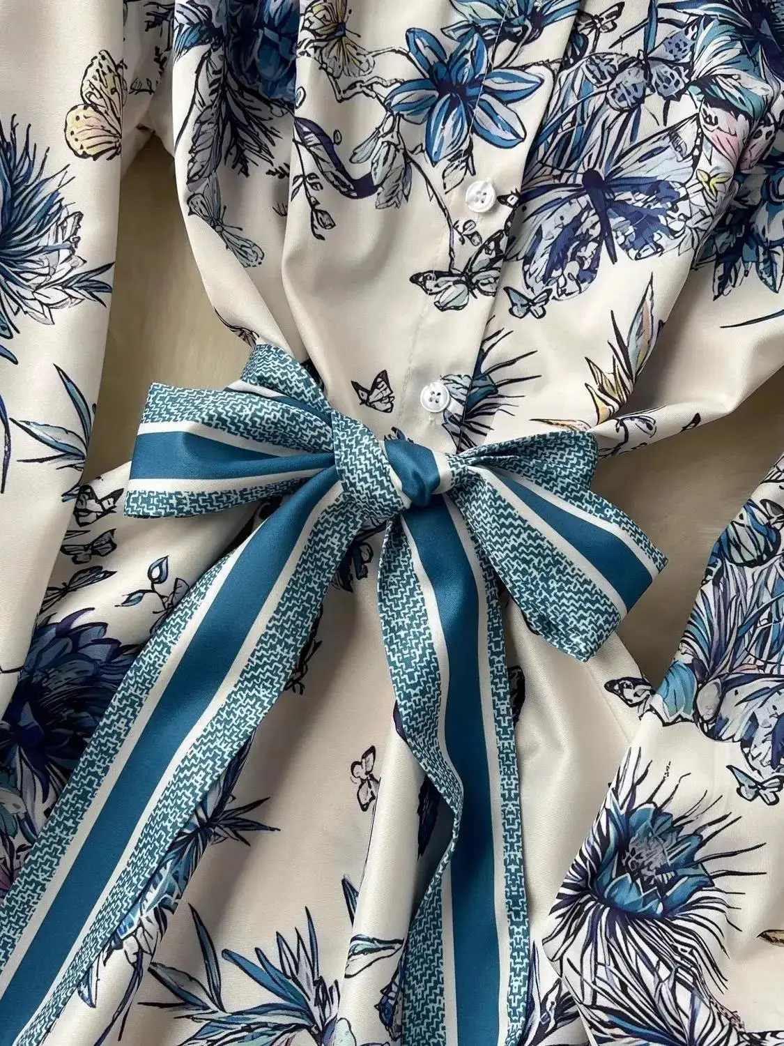 Autumn Clothing Women's Shirt Collar Long Sleeve Striped Belt Maxi Dress Runway Butterfly Flower Print Holiday Robe Vestidos