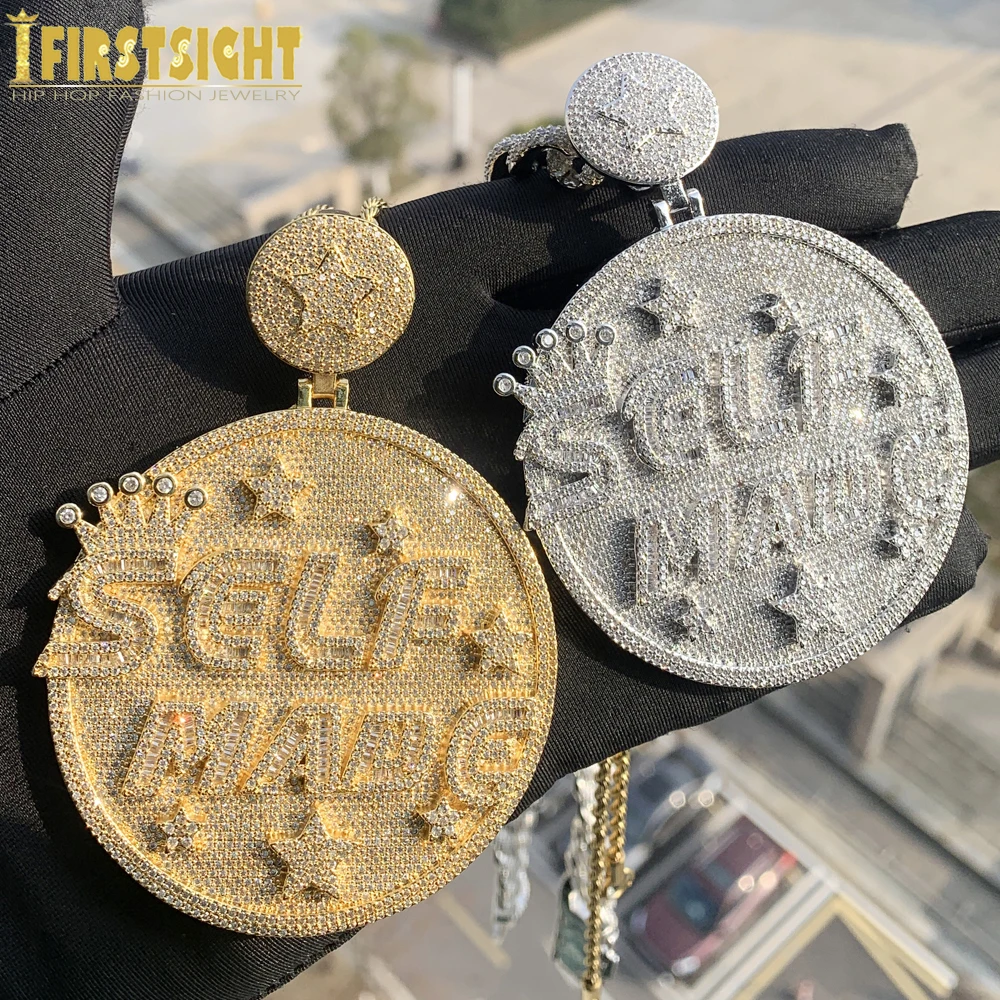 

New Iced Out Letter Self Made Pendant Necklace Bling 5A Zircon CZ Heavy Chunky Round Badge CEO Charm Men Fashion Hip Hop Jewelry