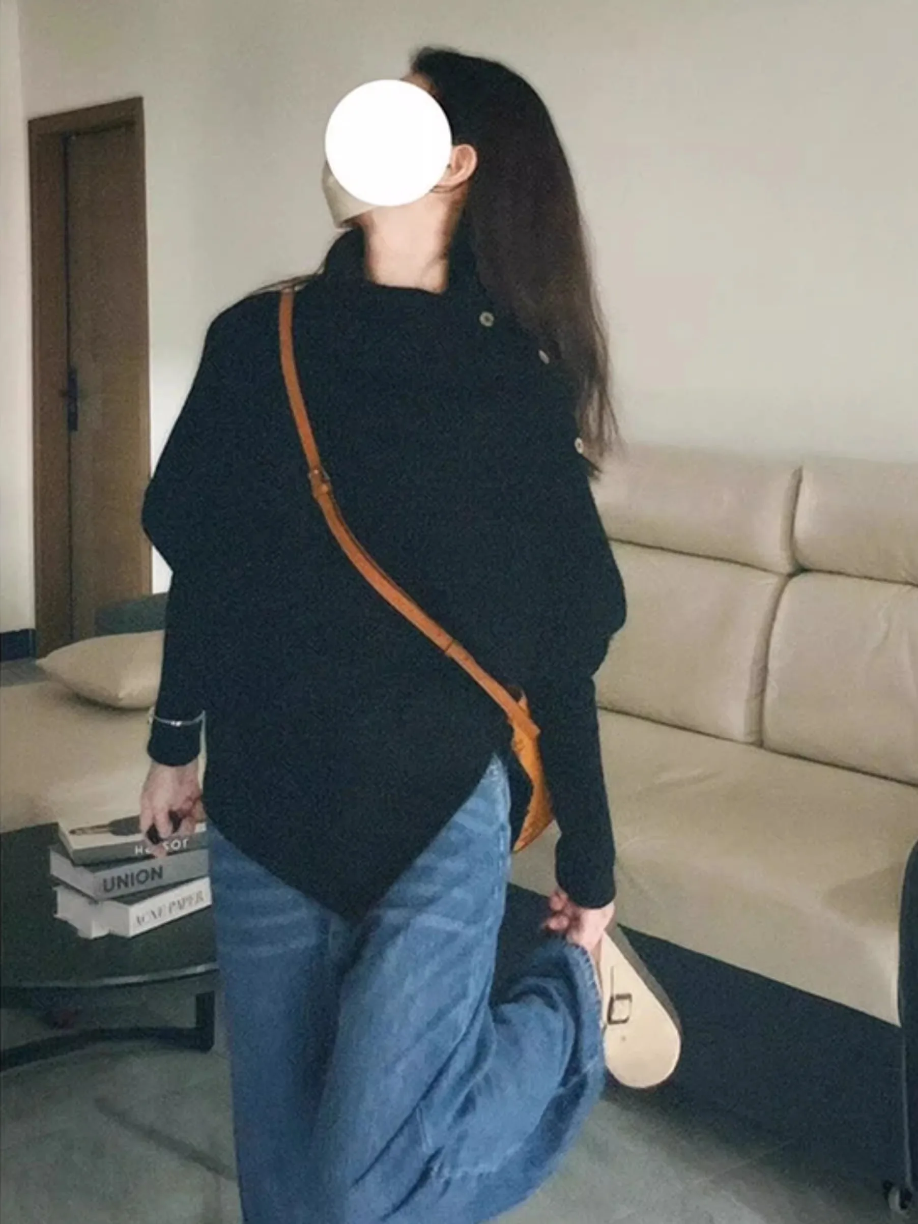 

Корейский вязаный свитер с высоким воротником, черный, свободного кроя, удобный, с длинными рукавами, для осени и зимы, модный тренд